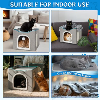 Cinnvoice Heated Cat Bed Indoor for Cats Heated Cat House with 2 Pcs Self Warming Cats Bed 1pc Blankets Self Heating Cube Shelter Cave Condo with Scratch Pad Fluffy Ball for Winter Pet Small Dog