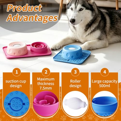 Slow Feeder Dog Lick Bowl with 3 Rolling Ball,Anti-Slip Silicone Puzzle Feeder for Liquid Treats,Bone Broth,Yogurt,Wet Food,Anxiety Relief Enrichment Lick Toy for All Dogs & Cats (2-in-1 Blue) - color: 2-in-1 Blue