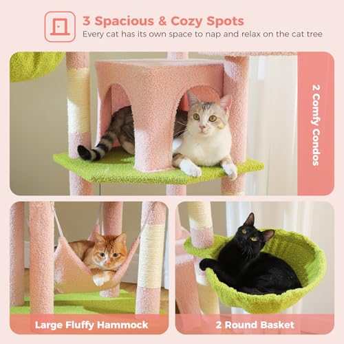 71.2 Inches Flower Tall Cat Tree for Large Cats, Multi-Level Cat Tower with 2 Cozy Condos, Super Large Top Perch, 3 Hammocks, Sisal Scratching Posts and 2 Pompoms, Pink - color: Pink, size: 71.2 Inches