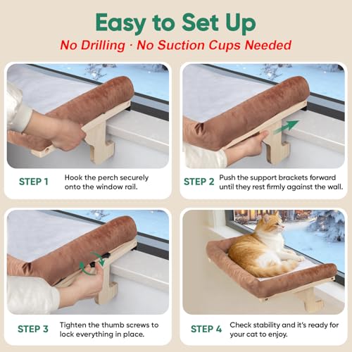 Cat Window Perch with Bolster, Large Hammock Bed for Indoor Cats, Solid Wood & Metal Frame Mounted Perch, Cozy Sunbathing Lounge Bed, 25” Wide (Brown Bed) - color: Brown
