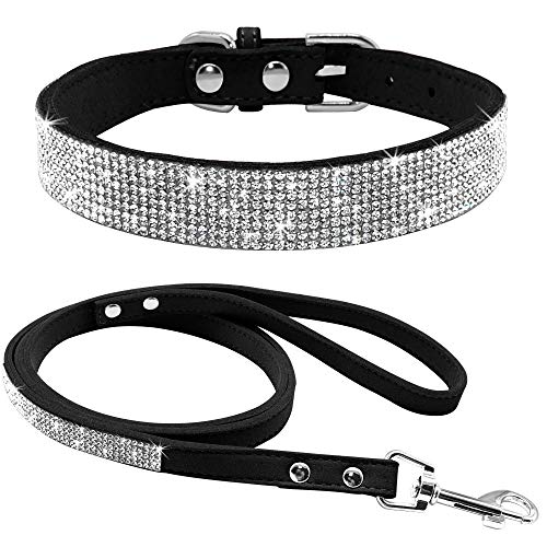 Rhinestone Bling Leather Dog Collar and Leash Set, Cute Dazzling Sparkling Soft Velvet Dog Cat Collar Crystal Diamond Puppy Collar (XXS, Black1) - color: Black1, size: XXS