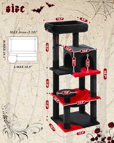 MUTTROS Gothic Cat Tree with Super Large Hammock, 45.7" Black Cat Tower with Coffin Bed, Cat Condo, Sisal Scratching Posts & Top Perch, Multi-Level Goth Cat Tree, Halloween, Black - color: Gothic Black, size: 45.7in