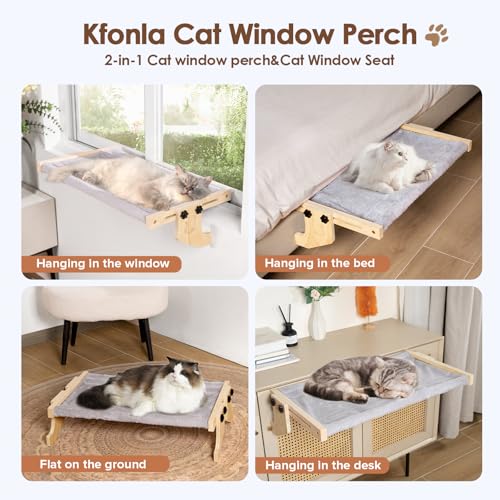 Cat Window Perch- Cats Windows Bed for Indoor- Cat Windowsill Hammock with Cushion- No Suction Cups 2 in 1 Kitty Perch&Beds- Large Kittens Wood Hammock Hanging(24.5 * 15in)- Kitty Shelf Seat