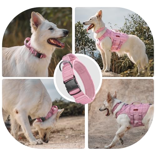 OneTigris Tough Dog Collars, Tactical Dog Collar with Handle, Milltary Adjustable Dog Collar with Heavy Duty Metal Buckle for Training (Medium,Pink) - color: Pink, size: Medium