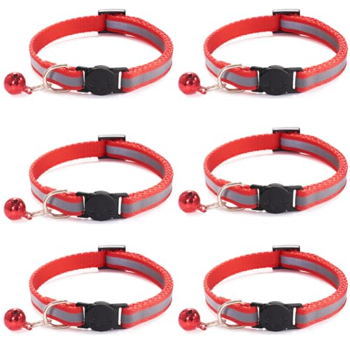 6 Pack Reflective Cat Collar with Bell, Breakaway and Safe Collars for Cats, Nylon, Pet Collar Mixed Colors Adjustable19-32cm (Red) - color: Red
