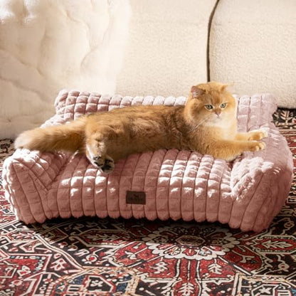 Cute Small Dog Couch Bed – Supportive & Fluffy Pet Sofa with Faux Rabbit Fur Washable Cover in 3D Diamond Pattern, 30" Pink - color: Pink, size: Medium: 30"L x 20"W x 10"Th