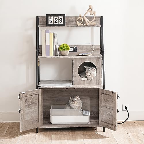 HOOBRO Litter Box Enclosure with 2 Storage Shelves, Tall Litter Box Furniture Hidden with Charging Station, Indoor Hidden Litter Box Furniture with Plush Mat, Greige BG70UMW01 - color: Greige