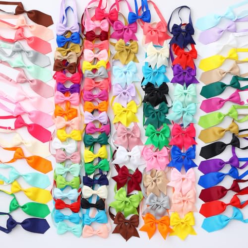 Reginary 100 Pieces Dog Bow Tie Collar Set Include 40 Dog Neckties, and 30 Puppy Bowties, 30 Collar Flowers, Adjustable Pet Ties Grooming for Small Medium Cats Pets Supply(Solid Color) - style: Solid Color