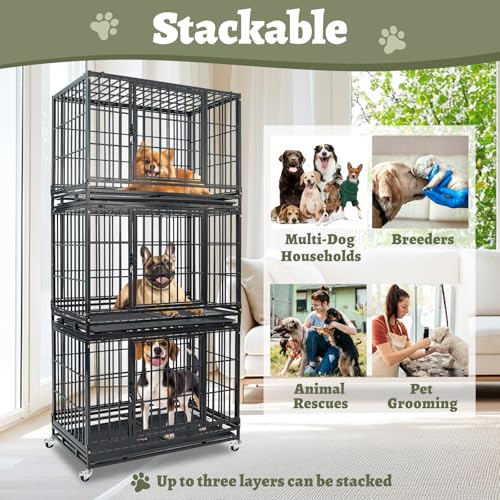Two Levels 36 Inch Stackable Heavy Duty Dog Crate Cage Medium Sized Dog with Top Access, Basic Dog Crates for Small Medium Dogs 2 Door Dog Kennel Indoor with Tray and Wheels - size: 36 Inch-2 Pack