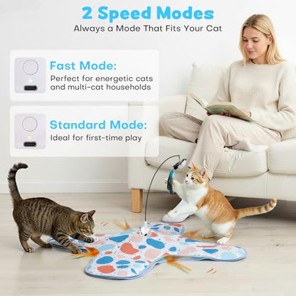 Interactive Cat Toys with Bird, Hide and Seek Cat Toy, 2 in 1 Automatic Moving Concealed Feathers for Indoor Cats, Non-Slip Suction, Touch Activated, USB Rechargeable, Blue - color: Blue-with Bird