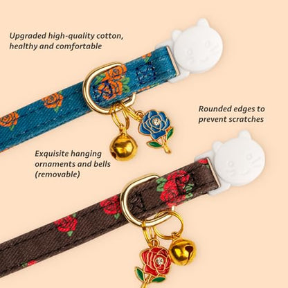 2 Pack Cotton Breakaway Cat Collar Blue and Black Rose Pendant Cute Kitten Cat Collar with Bell - color: Blue Rose&Black Rose