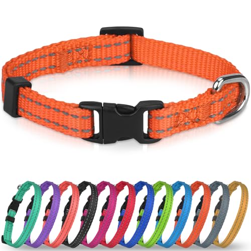 Joytale Puppy Collar, Feather-Light Double-Sided Reflective Nylon Collar for Night Safety, Adjustable Quick-Release for Extra Small Dogs, Orange, XS (3/8" Width) - color: Orange, size: XS: Width 3/8", Neck 8-12"