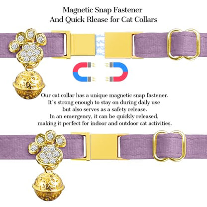 Personalized Breakaway Cat Collars - Magnetic Buckle, Bell - Safety Quick Release, Customized for Girls & Boys Cats- (Velvet-Deep Purple) - color: Velvet-Deep Purple