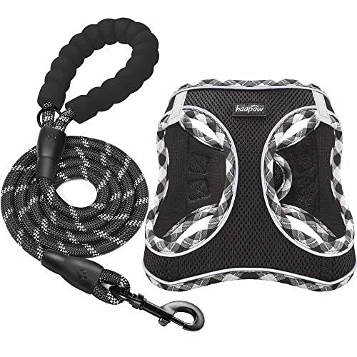 haapaw Dog Harness with Leash Set, No Pull Adjustable Reflective Step-in Puppy Harness with Thickened Padded Vest for Extra-Small/Small Medium Dogs - color: Black, size: M
