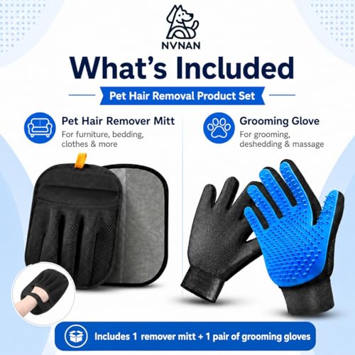 NVNAN 3 PCS Pet Hair Removal Glove and Pet Grooming Glove Kit for Cats & Dogs, Pet Hair Gloves & Dog Washing Gloves ，Reusable Magic Brush Pet Hair Remover Tool for Laundry，Carpet,Car Seat，Couch - color: Big Fabric Pet Hair Gloves+Pet Grooming Brush