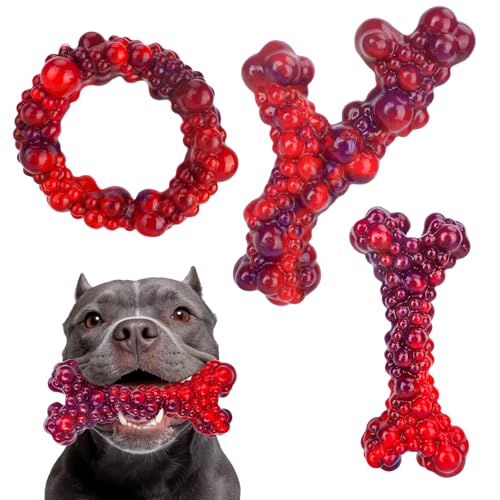 3Pack Dog Chew Toys for Aggressive Chewers, Indestructible Interactive Dog Chew Nylon Bone Toys for for Medium Large Breed 15-60lbs, Teething Toy to Keep Them Busy, Bacon Flavor (Red) - color: Red