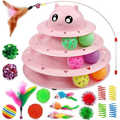 UPSKY 20 PCS Cat Toys - 3-Level Turntable Roller with Balls for Indoor Cats, Kitten Set with Teaser, Mice, Spring, and Various Ball Toys - color: B-20PCS-Pink