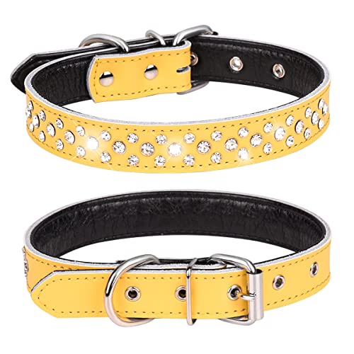 Rhinestones Dog Collar, Adjustable Sparkly Crystal Studded Genuine Leather Pet Dog Collar for Small and Medium Dogs (M, Yellow) - color: Yellow, size: M