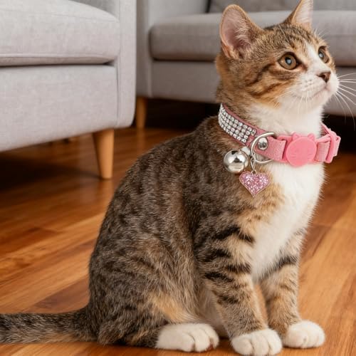 2 Pack Rhinestone Kitten Collar with Bell, Cat Collar with Rhinestone Bell, Adjustable Soft Fancy Bling Safety Cute Comfy Diamond Collars for Tiny Cats, Small Dogs, Rabbits (Pink, Black)