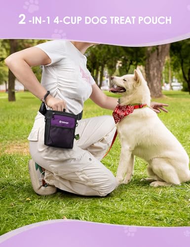 Gobeigo Dog Treat Pouch, Magnetic Closure & Sealable Silicone Bag Insert, 4-Cup Capacity – Belt Clip/Waist Belt/Crossbody Wear, Clicker Included – Great for Pet Training & Walking (Purple) - color: Purple