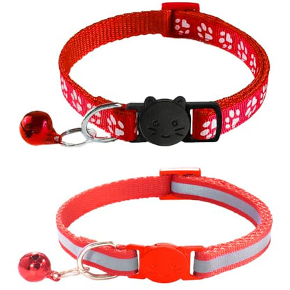 2 Pack Breakaway Cat Collars with Bells, Reflective Design and Claw Print Design, Safety Buckle Kitten Collars Adjustable from 7.5 to 12.5 Inches (Red) - color: Red