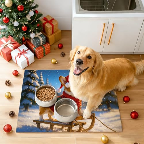 HOMETITUTE Cute Winter Dog Pet Food Mat Merry Christmas Spill-Proof Pet Feeding Mat Winter Holiday Cat Water Bowl Mats 20" x 12" Christmas Pet Placemat Cat and Dog Accessories - color: Orange