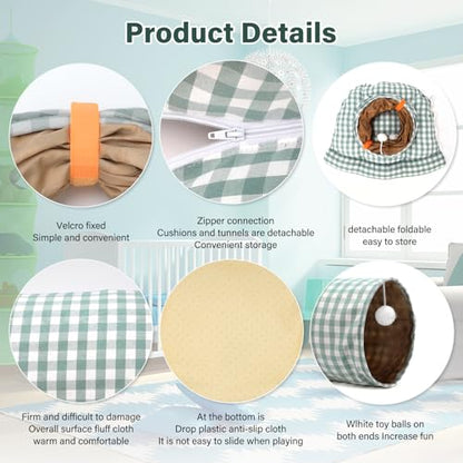 BWOGUE Bunny Tunnel Bed, 2-in-1 Collapsible Tunnel Tubes Toys with Removable Mat Hideout for Cats Kittens Rabbits Guinea Pigs Kitty (GreenPlaid) - color: GreenPlaid