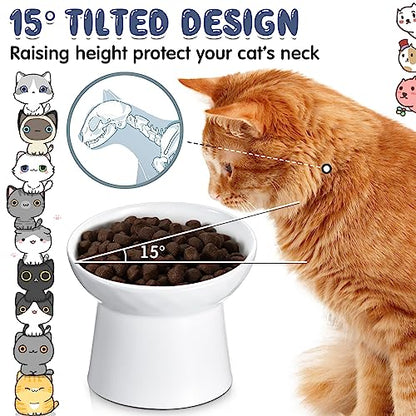 Tanlade 4 Pcs Ceramic Raised Cat Bowls, Elevated Tilted Cat Bowl for Food Water, Stress Free, Backflow Prevention, Dishwasher Microwave Safe, Feeder Dish for Indoor Kitten, Small Dogs(White) - color: White