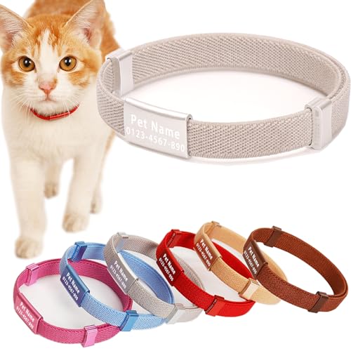 Minimalist Stretch Lightweight Custom Engraved Cat Collar with Name Tag Personalized Cat Collars for Kitten Boy & Girl Cats (Silver White, Collar with Nameplate) - color: Silver White, size: Collar With Nameplate