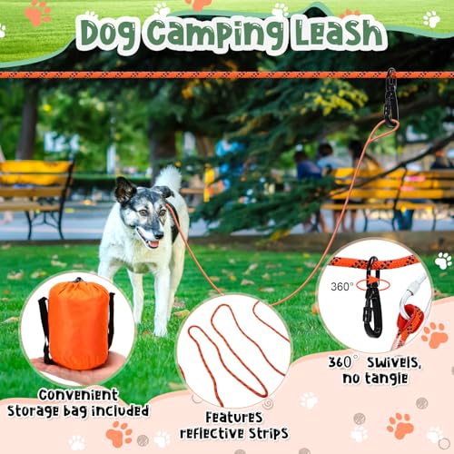 4 Pcs Dog Camping Essentials Set Include 1 Pack 39.4 x 29.5 Inch Foldable Dog Bed 2 Pcs Portable Collapsible Dogs Bowls 1 Pack 50 ft Heavy Duty Pet Tie Out Cable for Camping Travel Outdoor Activities