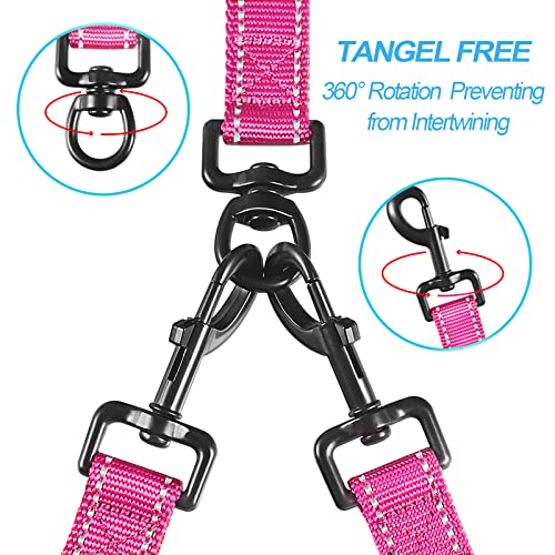 Double Dog Leash, No Tangle Dual Leash, Reflective Walking Training Lead, 4 Comfortable Padded Handles for 2 Dogs with Collapsible Bowl and Waste Bags (Pink, Large) - color: Pink