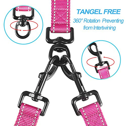 Double Dog Leash, No Tangle Dual Leash, Reflective Walking Training Lead, 4 Comfortable Padded Handles for 2 Dogs with Collapsible Bowl and Waste Bags (Pink, Large) - color: Pink