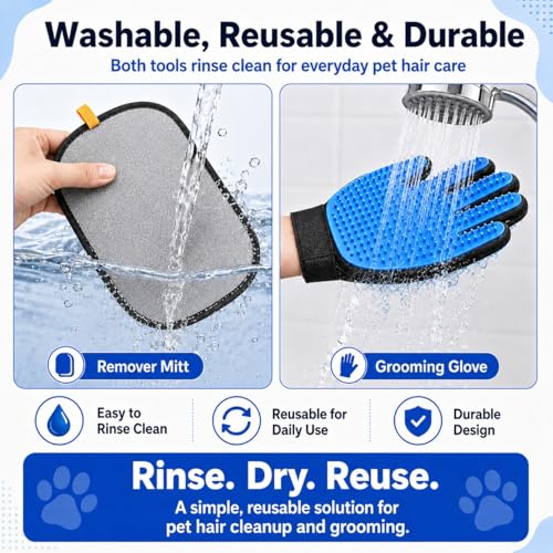 NVNAN 3 PCS Pet Hair Removal Glove and Pet Grooming Glove Kit for Cats & Dogs, Pet Hair Gloves & Dog Washing Gloves ，Reusable Magic Brush Pet Hair Remover Tool for Laundry，Carpet,Car Seat，Couch - color: Big Fabric Pet Hair Gloves+Pet Grooming Brush