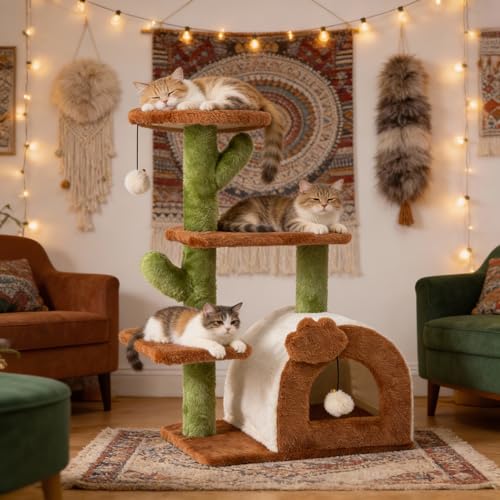 Cactus Cat Tree for Indoor Cats, 27.5'' Small Cat Tower with Cozy Condo, Wide Top Perch Multi-Level Climbing and Lounging Space, Brown - color: Brown-2