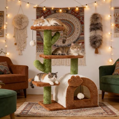 Cactus Cat Tree for Indoor Cats, 27.5'' Small Cat Tower with Cozy Condo, Wide Top Perch Multi-Level Climbing and Lounging Space, Brown - color: Brown-2