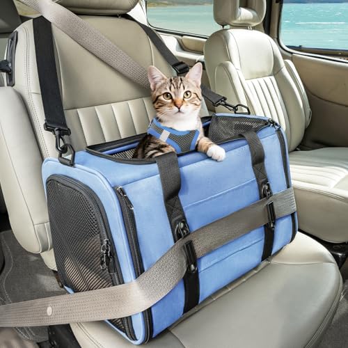 PETSFIT Soft-Sided Cat Carrier with Patented Safety Buckles, Lockable Zippers & Safety Tether,Escape-Resistant Travel Pet Carrier for Car Rides & Vet Visits, Airline Approved Under-Seat, Up to 12 lbs - color: Blue, size: Medium