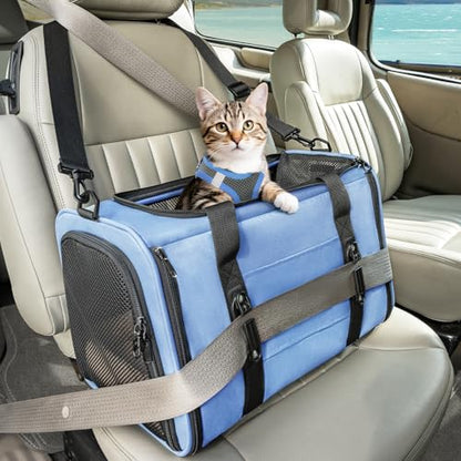 PETSFIT Soft-Sided Cat Carrier with Patented Safety Buckles, Lockable Zippers & Safety Tether,Escape-Resistant Travel Pet Carrier for Car Rides & Vet Visits, Airline Approved Under-Seat, Up to 12 lbs - color: Blue, size: Medium
