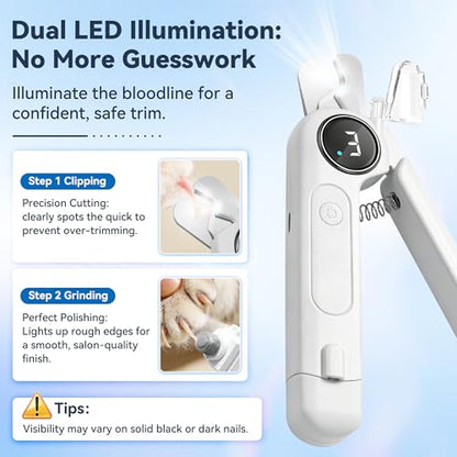 2-in-1 Dog Nail Clippers & Grinder with Light, Quiet Electric Pet Nail Trimmer for Large Medium Small Dogs & Cats, 3 Speeds, Rechargeable, Splash Guard & Safety Lock, Painless Grooming Tool (White)