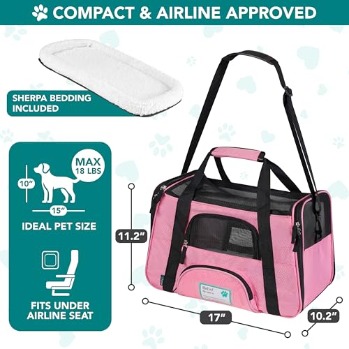 PetAmi Airline Approved Pet Carrier for Cats & Small Dogs, Soft Sided TSA Travel Carrier Bag with Sherpa Bed, Breathable Mesh Ventilation, Collapsible Bowl, Fits Under Seat, Up to 18 lbs, Small Pink - color: Pink, size: Small - 17"L x 10.2"W x 11.2"H
