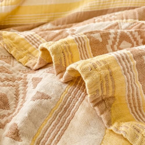 MEJU Yellow Boho Indian Retro Southwest Muslin All Season Blanket for Bed Sofa Couch 100% Combed Cotton 3 Layer Soft Cozy Reversible Quilt Throw Blanket Bed Coverlet F/Q 80 in x 90 in - color: Boho Yellow, size: F/Q 80 in x 90 in