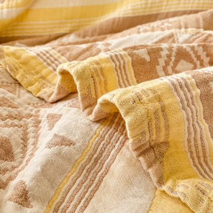 MEJU Yellow Boho Indian Retro Southwest Muslin All Season Blanket for Bed Sofa Couch 100% Combed Cotton 3 Layer Soft Cozy Reversible Quilt Throw Blanket Bed Coverlet F/Q 80 in x 90 in - color: Boho Yellow, size: F/Q 80 in x 90 in