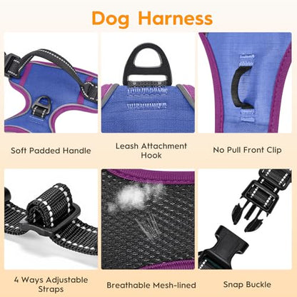 No Pull Dog Harness, No Chock Reflective Adjustable Soft Padded Pet Vest with Easy Control Handle, Easy Wearing with Stylish, Reinforced Knot, 2 Buckles - color: Blue/Purple, size: X-Small
