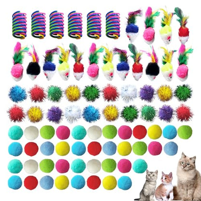 100Pcs Cat Toys Assortment for Indoor Cats, Interactive Kitten Toys Variety Pack with Mice Toys, Sparkle Balls, Soft Pom Poms & Spring Toys, Kitten Starter Kit for Boredom & Exercise