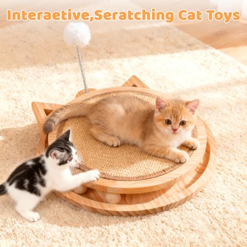 Sisal Cat Scratcher with Ball Track and Spring Toy 3 in 1 Wooden Interactive Cat Toys Cat Scratchers for Indoor Cats and Kitty - style: Single-layer