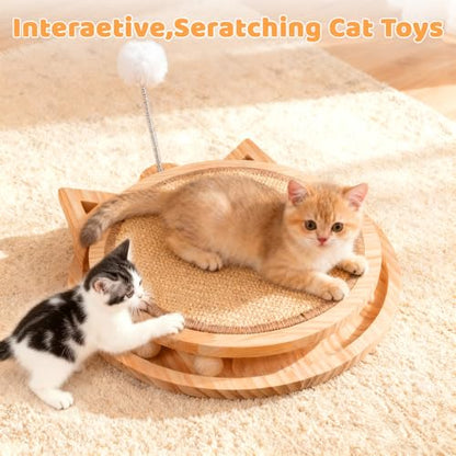 Sisal Cat Scratcher with Ball Track and Spring Toy 3 in 1 Wooden Interactive Cat Toys Cat Scratchers for Indoor Cats and Kitty - style: Single-layer