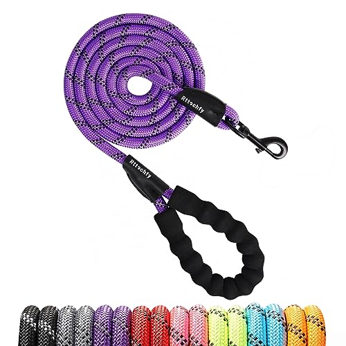 Rttochfy Rope Dog Leash 2/4/5/6/8/10 FT with Comfortable Padded Handle and Highly Reflective Threads for Small Medium and Large Dogs Heavy Duty (1/2"-5 FT, Purple) - color: Purple, size: L (1/2'' x 5 FT)