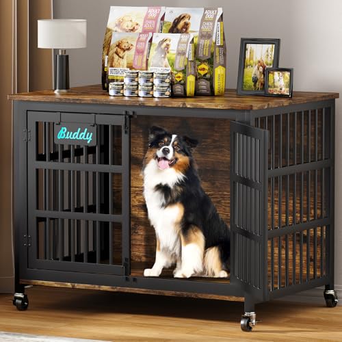 EasyCom 42"/41"/33" Dog Crate Furniture with Name Tag, XL Heavy Duty Dog Kennel Indoor for Large and Medium Dogs, Double-Doors Sturdy Dog Cage for Anxiety Dog, Decorate House as TV Stand - color: Brown, size: 42.1"L x 29.3"W x 31.2"H