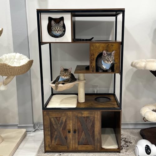 Cat Litter Box Furniture Enclosure 4 Levels Cat Tree Hidden Cabinet with Storage and Scratch,4 Tiers