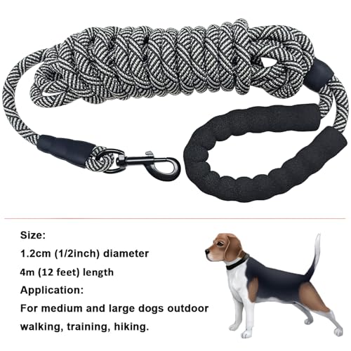 Heavy Duty Rope Dog Leash, 3/4/5/6/7/8/10/12/15/20FT Nylon Pet Leash, Soft Padded Handle Thick Lead Leashes for Large Medium Dogs (Black, 1/2" * 12') - color: black, size: 1/2" * 12'