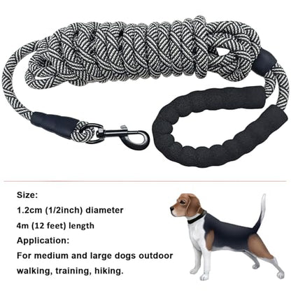 Heavy Duty Rope Dog Leash, 3/4/5/6/7/8/10/12/15/20FT Nylon Pet Leash, Soft Padded Handle Thick Lead Leashes for Large Medium Dogs (Black, 1/2" * 12') - color: black, size: 1/2" * 12'